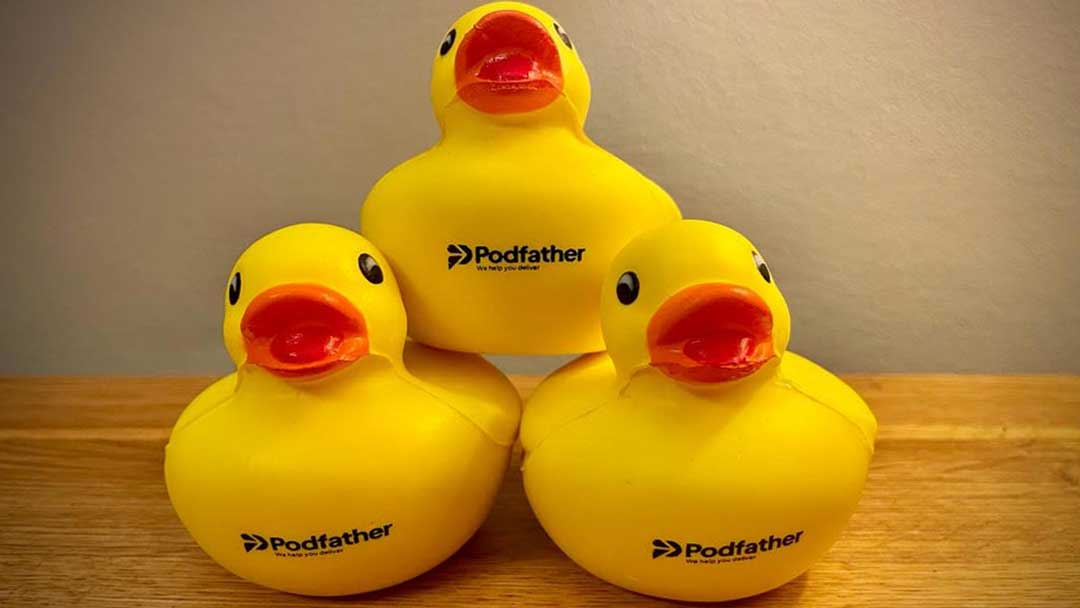 Yellow ducks with new Podfather logo
