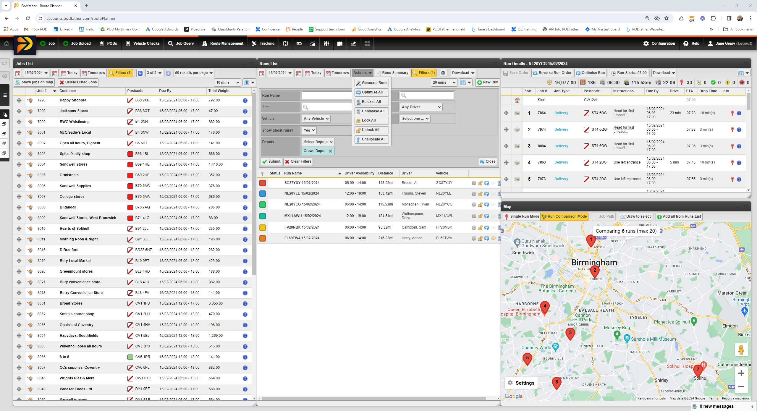 software screen showing data tables and a digital map