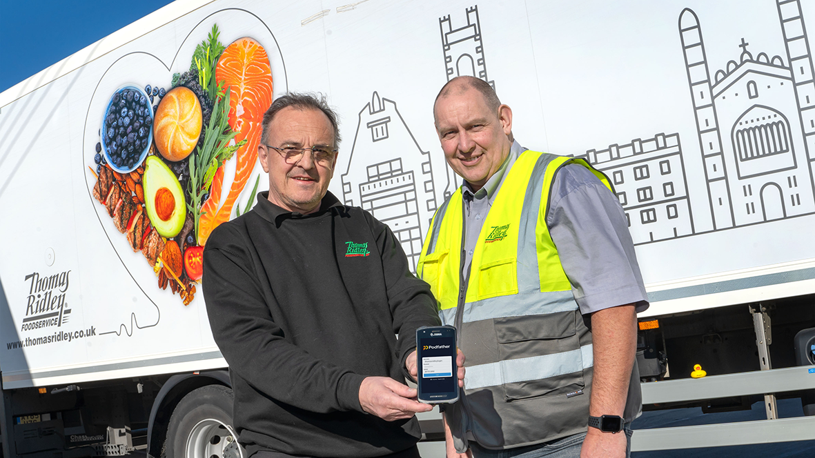 Thomas Ridley employees holding phone with Podfather app