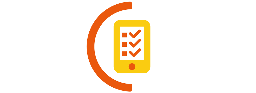 Yellow mobile with job list icon with a orange semi circle border
