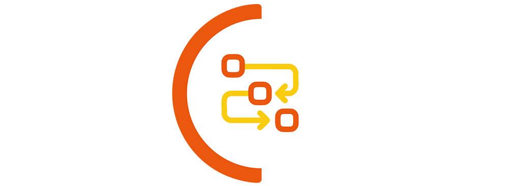 workflow icon in orange semi circle border