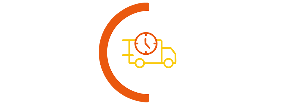 Van with clock icon in a orange semi circle