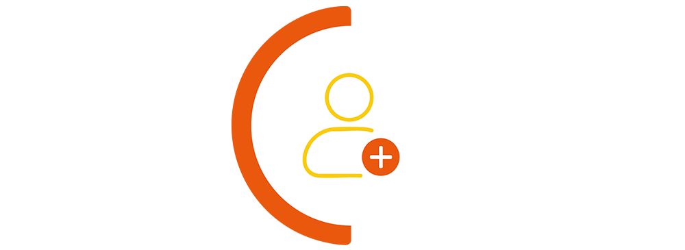 Person and plus sign icon in a orange semi circle