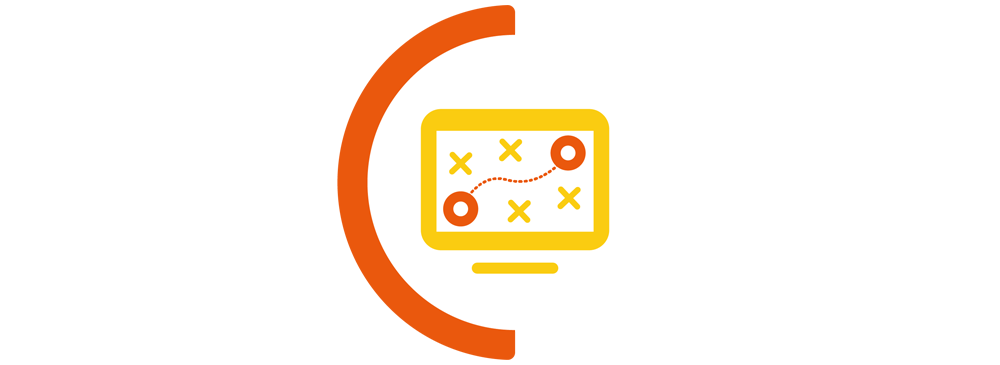 Yellow computer screen with route planning icon with a orange semi circle border