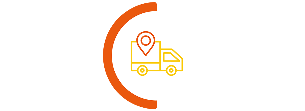 Van with location symbol icon in a orange semi circle