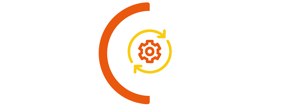 cog icon in orange semi circle border