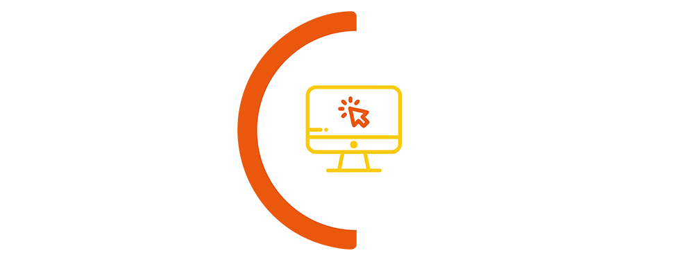 computer screen icon in orange semi circle border