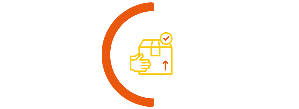 box being lifted icon in orange semi circle border