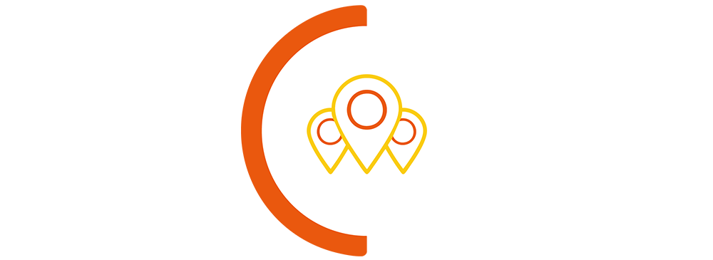 Three location icons in a orange semi circle