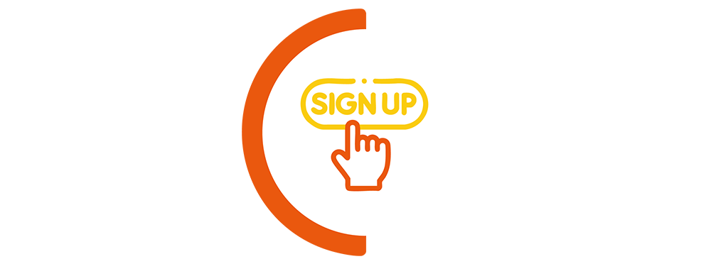 sign up icon in orange semi circle border