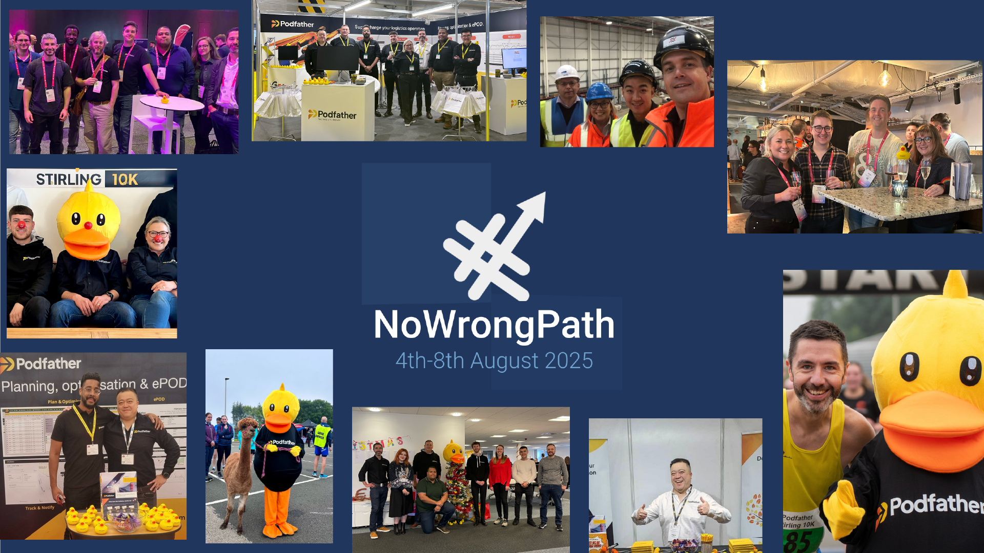 Pictures of the Podfather team with the No Wrong Path Day logo in the middle on a blue background.