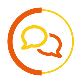 Two speech bubbles with a yellow and orange circle border
