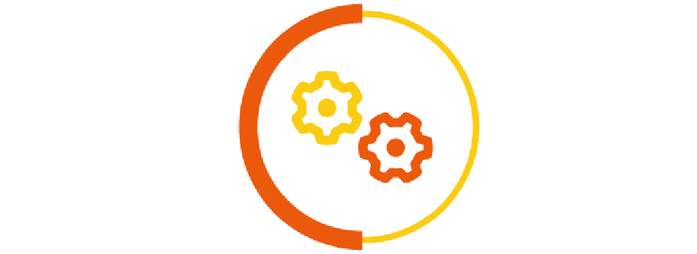 two cogs in a yellow and orange circle border